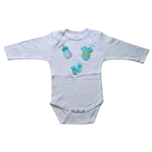 Creations of Grace Baby Boy White Custom Bodysuit with Blue Patches, 3-6 Months - Picture 1 of 5